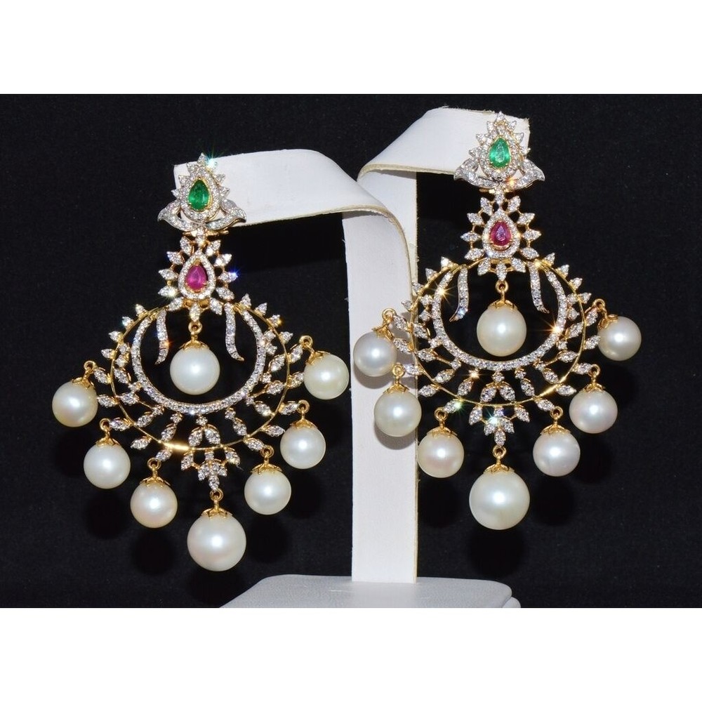 Certified Natural 116CT VS F Diamond Emerald Ruby Pearl 18K Gold 2-IN-1 Earrings